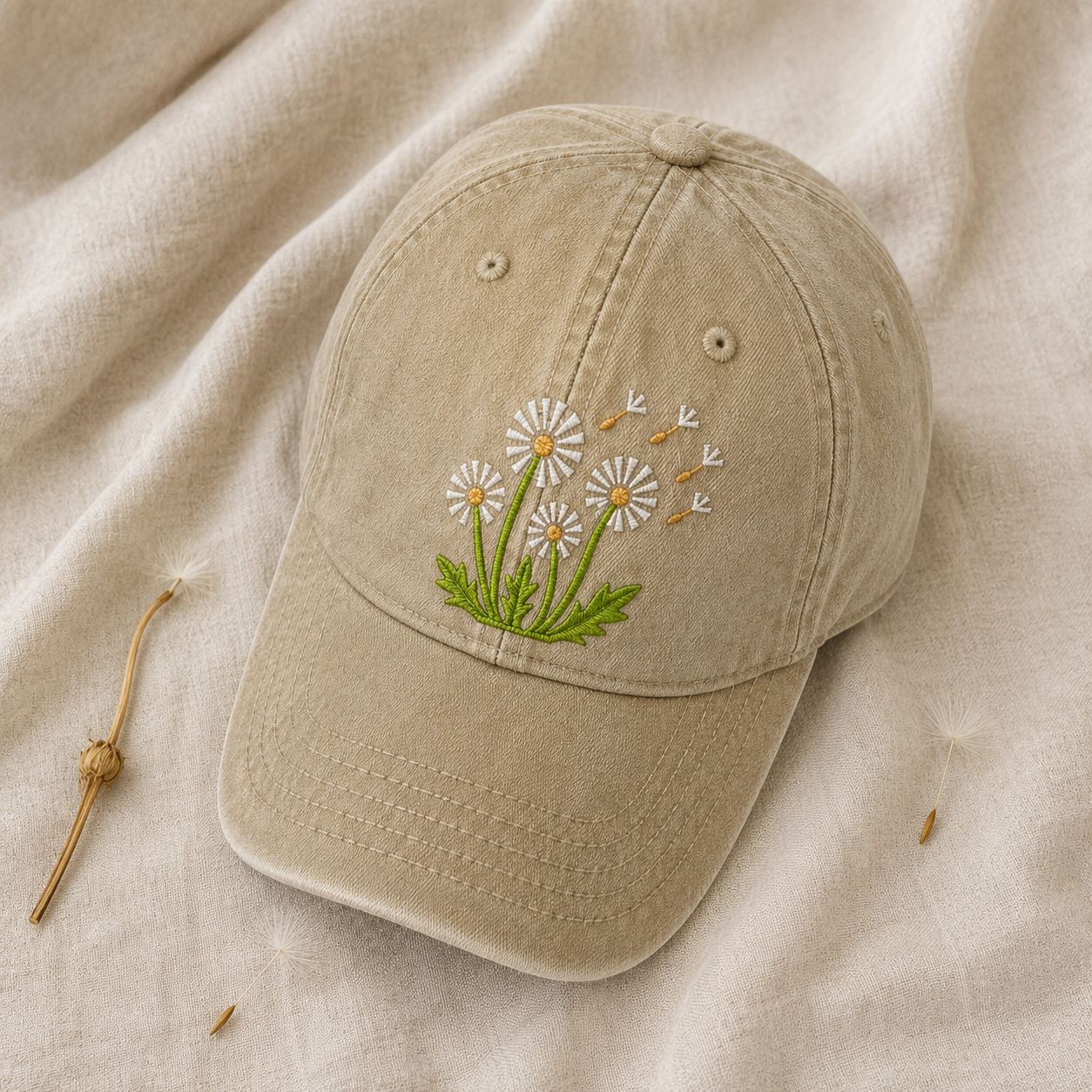 Dandelion Embroidered Washed Cap, Floral Daisy Baseball Hat for Garden Lovers - washed cap - lifestyle view 3