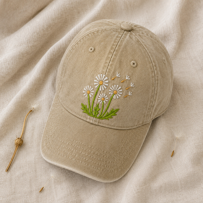 Dandelion Embroidered Washed Cap, Floral Daisy Baseball Hat for Garden Lovers - washed cap - lifestyle view 3