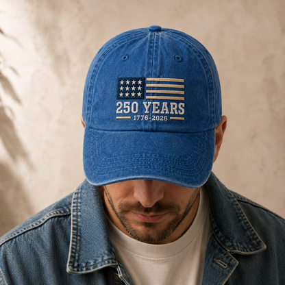 250 Years 1776-2026 Washed Cap, Patriotic America Hat for Semiquincentennial - washed cap - lifestyle view 9