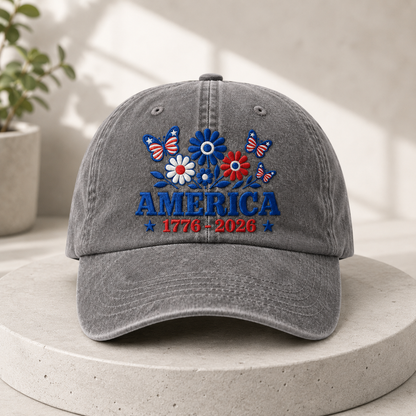 America 1776-2026 Floral Washed Cap, Patriotic Butterfly Headwear - washed cap - lifestyle view 4