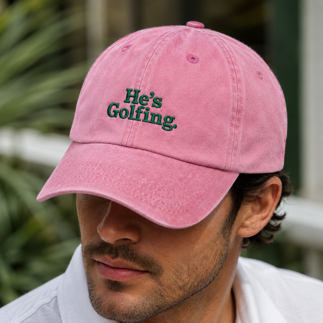 He's Golfing Washed Cap, Funny Embroidered Golf Hat for Dad - Washed Cap - lifestyle view 4