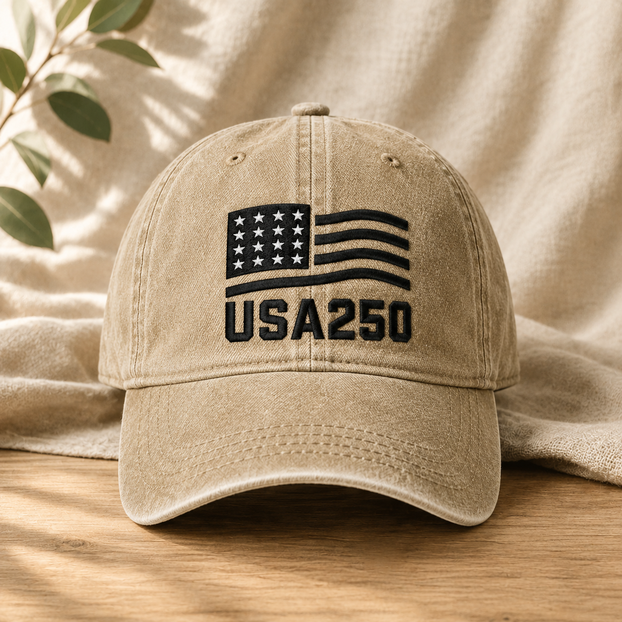 USA250 Patriotic Flag Washed Cap, 250th America Birthday Hat - washed cap - front view
