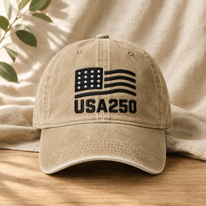 USA250 Patriotic Flag Washed Cap, 250th America Birthday Hat - washed cap - front view