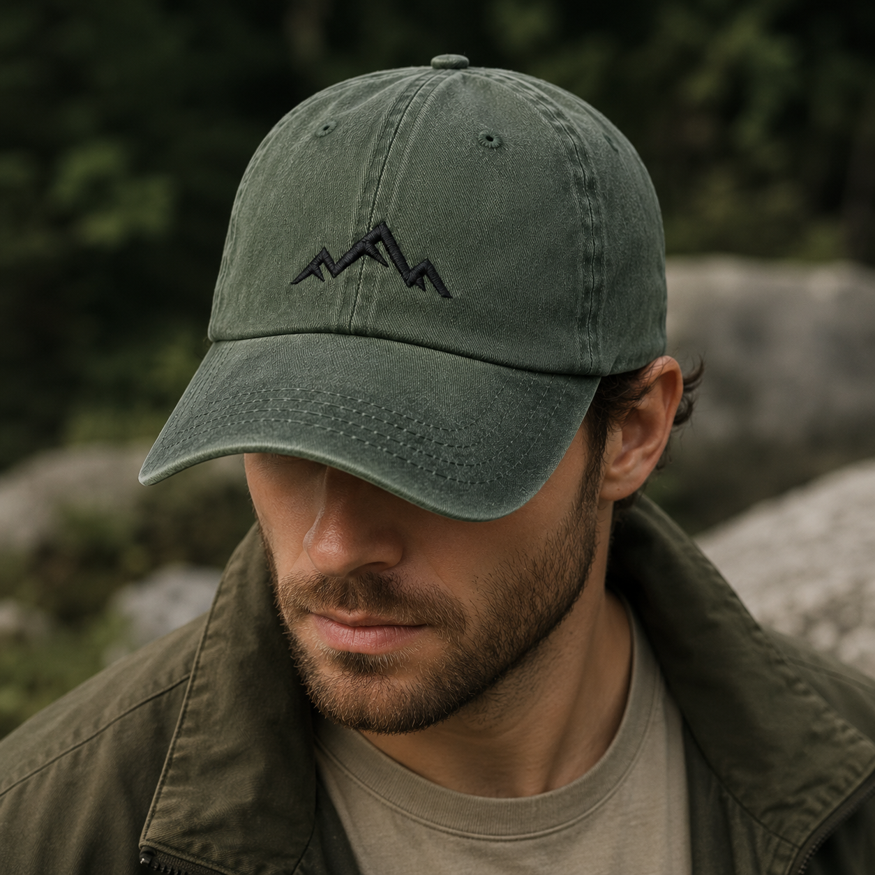 Minimalist Mountain Washed Cap, Black Embroidered Peak Hiking Hat - Washed Cap - lifestyle view 8