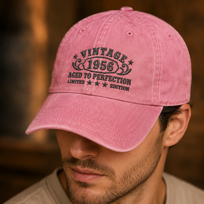 Vintage 1956 Aged To Perfection Washed Cap, Limited Edition Birthday Gift - Washed Cap - detail view