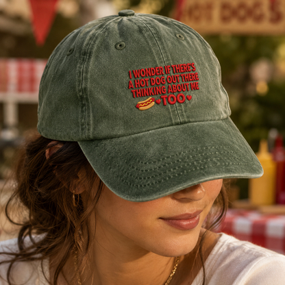 I Wonder If There's a Hot Dog Out There Thinking About Me Too Washed Cap, Picnic Date Gift - Washed Cap - lifestyle view 4