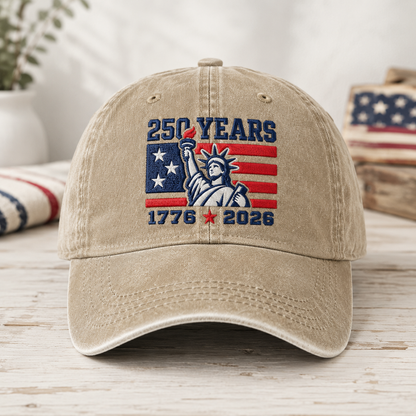 250 Years Washed Cap, 1776 2026 Statue of Liberty Patriotic Hat - washed cap - front view