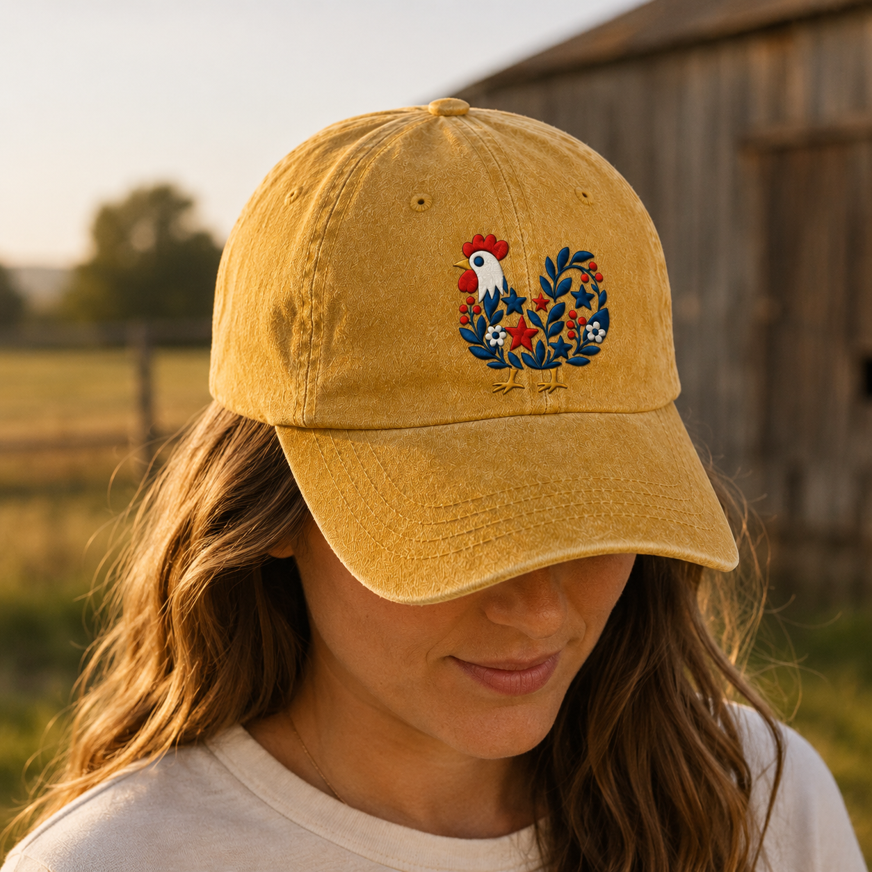 Folk Rooster Washed Cap, Embroidered Floral Chicken Baseball Hat - washed cap - detail view