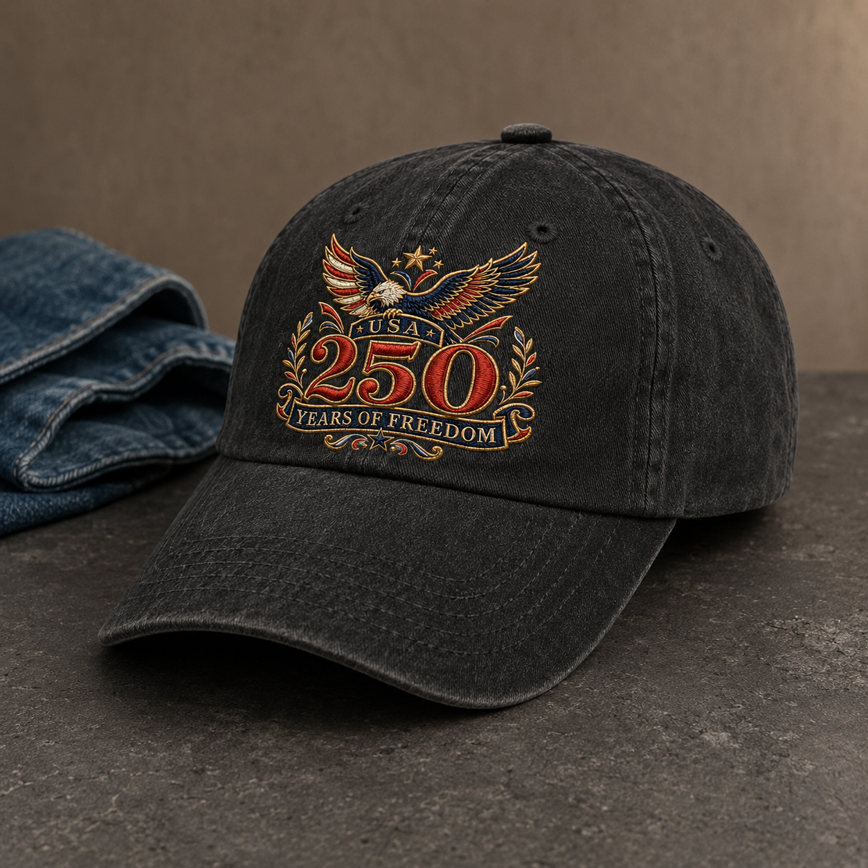 USA 250 Years of Freedom Washed Cap, Patriotic Eagle Anniversary Hat - washed cap - lifestyle view 2