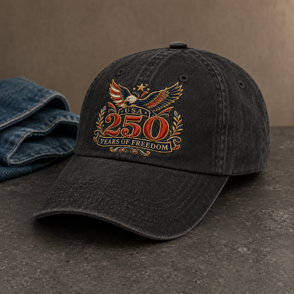 USA 250 Years of Freedom Washed Cap, Patriotic Eagle Anniversary Hat - washed cap - lifestyle view 2