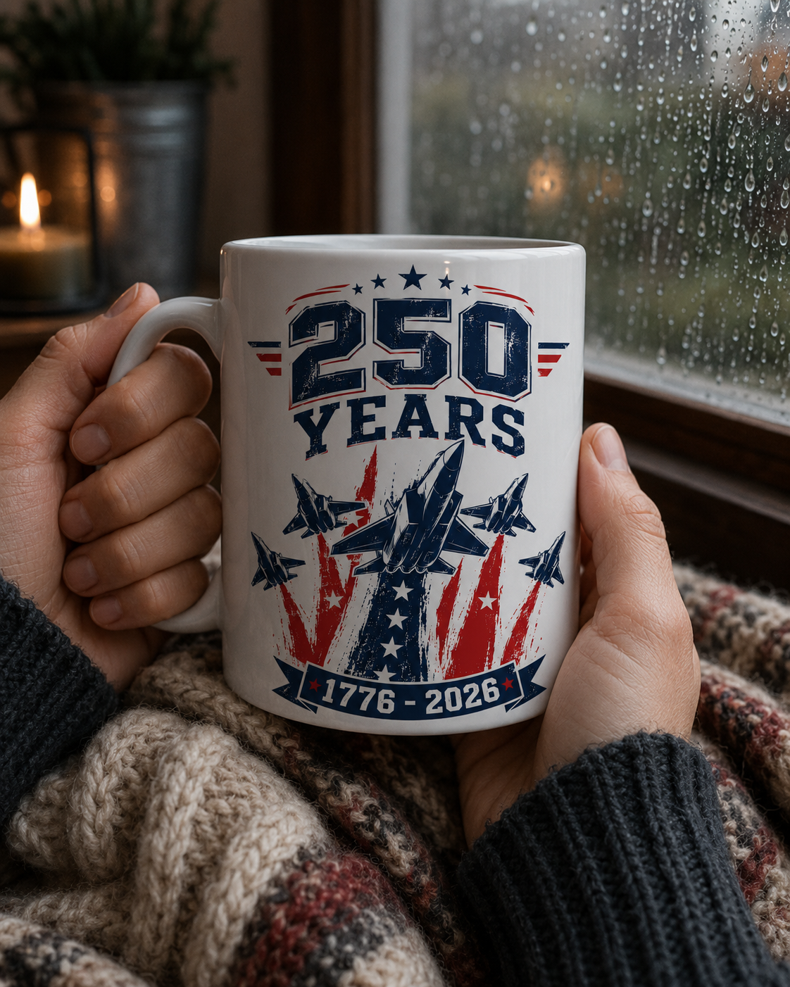 250 Years Coffee Mug, 1776-2026 Patriotic Fighter Jet Ceramic Cup - Mug - lifestyle view 5