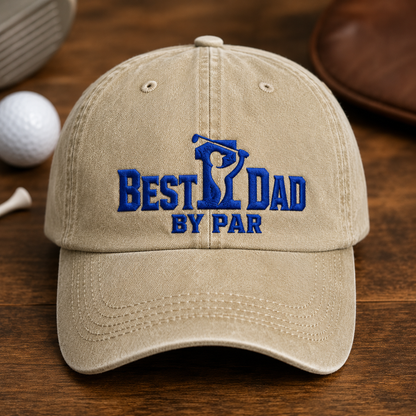 Best Dad By Par Washed Cap, Blue Embroidered Golf Dad Hat, Father's Day Gift - Washed Cap - front view