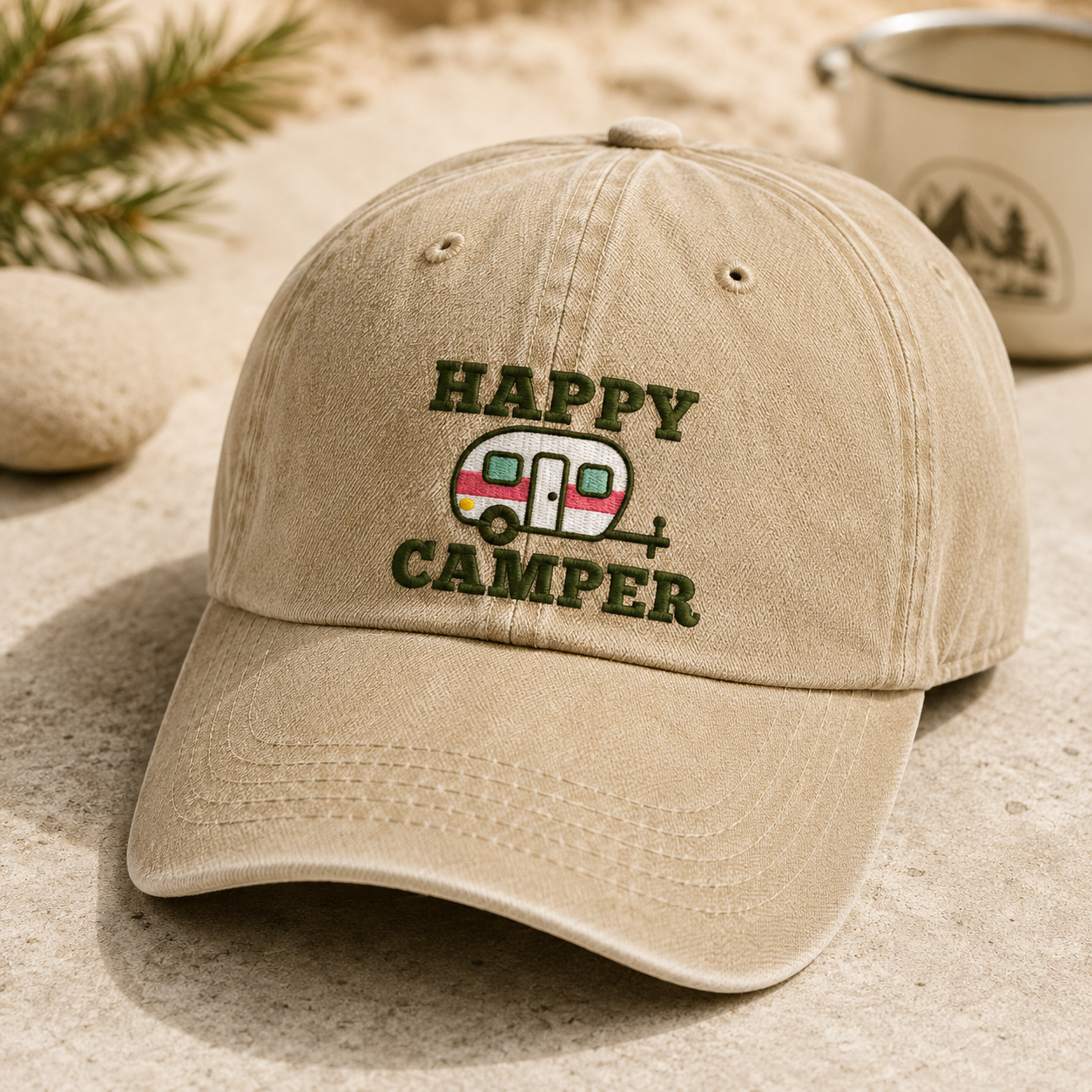 Happy Camper Washed Cap, Embroidered Rv Trailer Hat for Outdoor Road Trips - Washed Cap - detail view