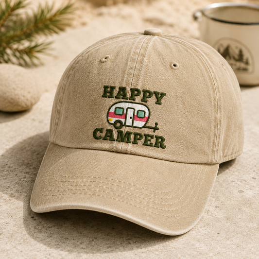 Happy Camper Washed Cap, Embroidered Rv Trailer Hat for Outdoor Road Trips - Washed Cap - detail view
