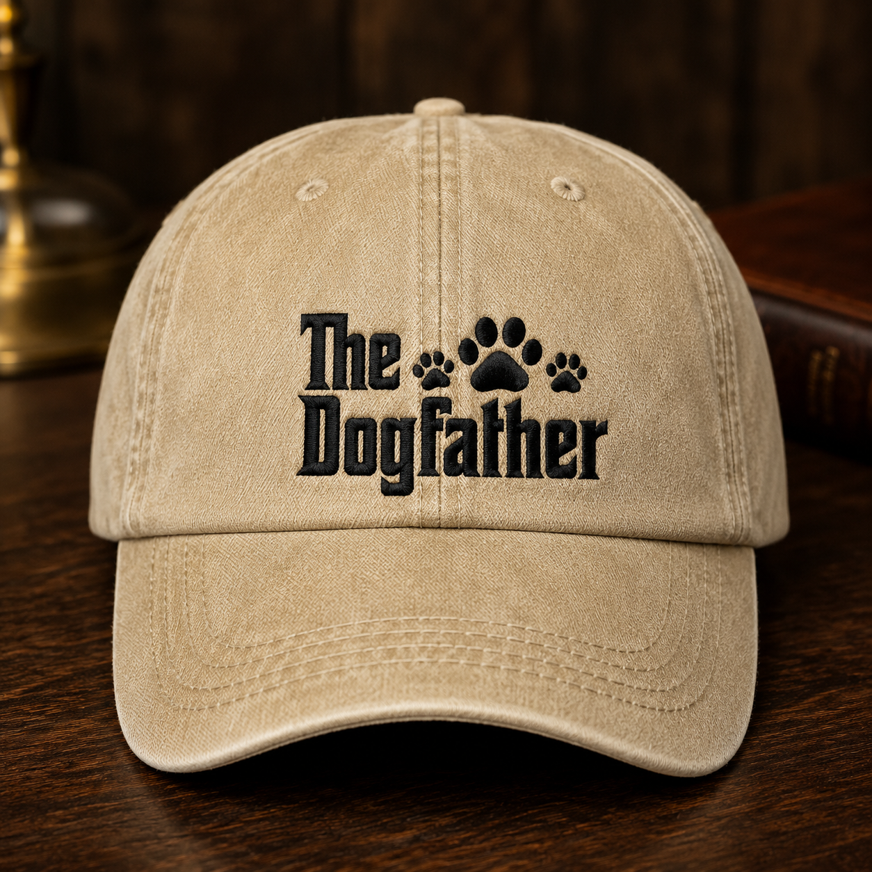 The Dogfather Washed Cap, Funny Dog Dad Hat with Paw Print Embroidery - Washed Cap - front view