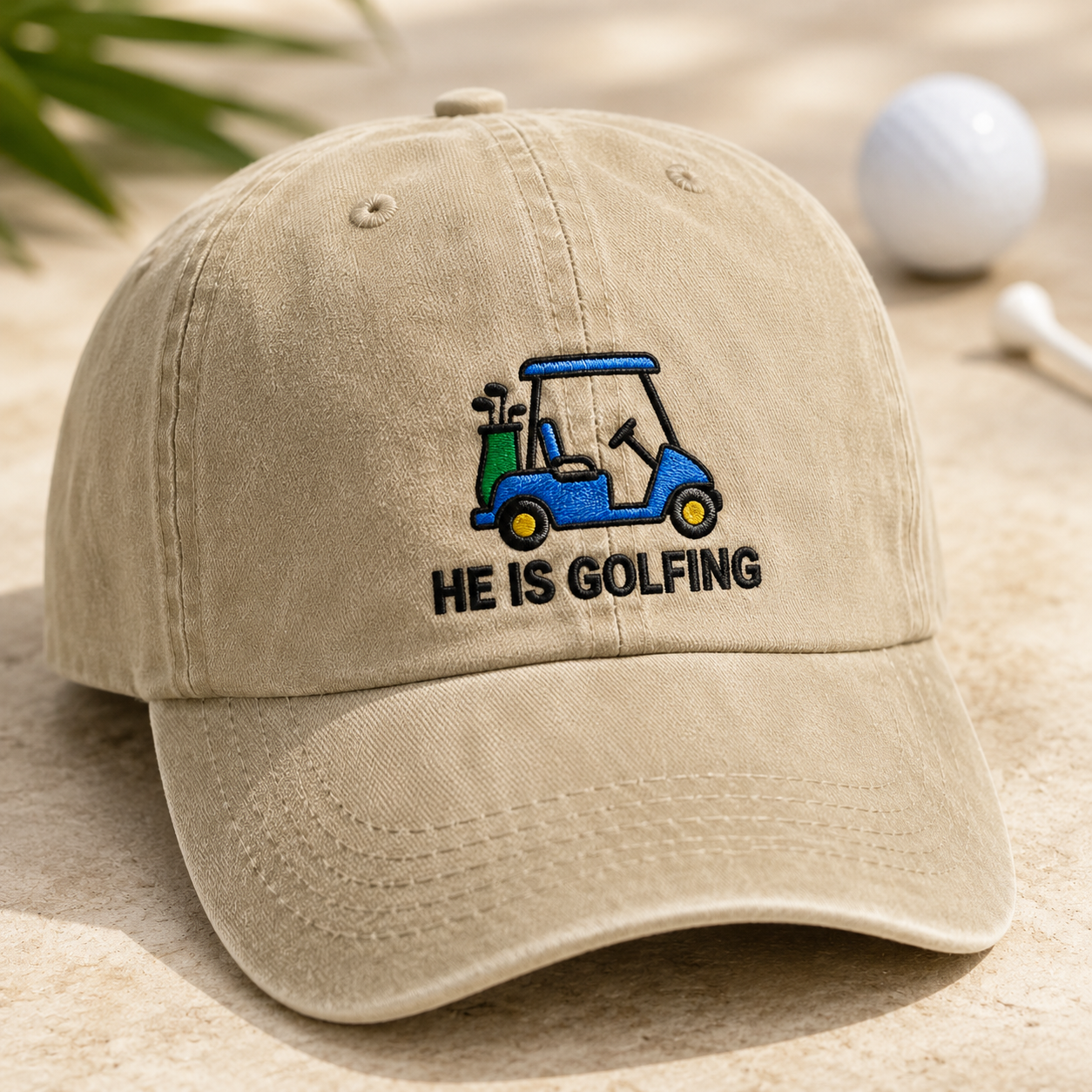 He Is Golfing Washed Cap, Embroidered Blue Cart Hat for Dad - Washed Cap - detail view