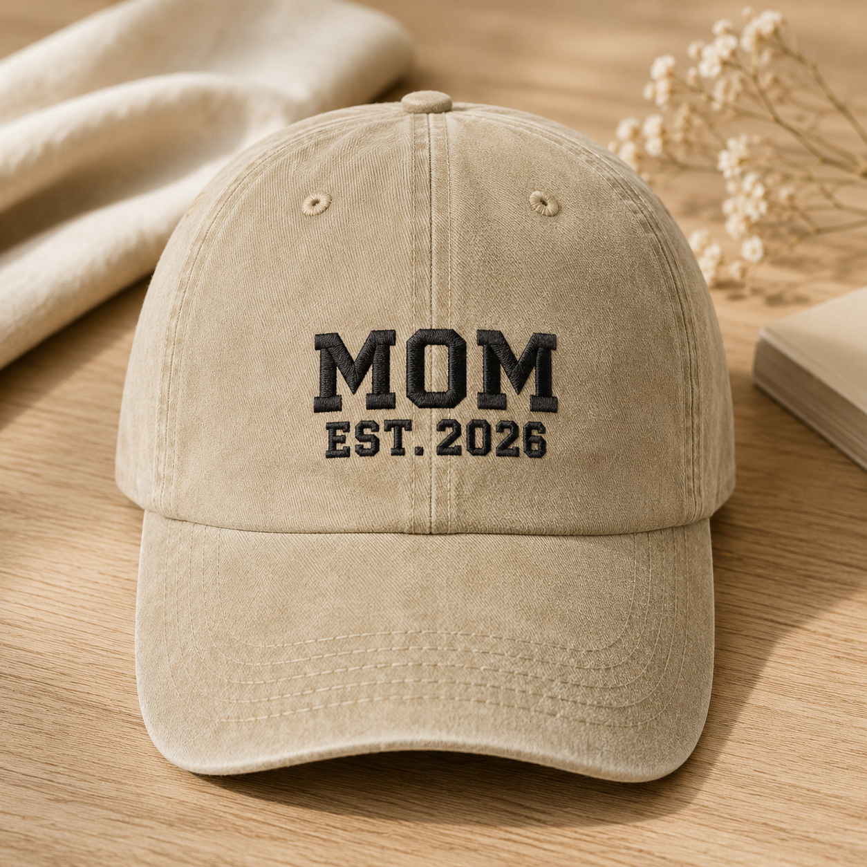 Mom Est. 2026 Washed Cap, New Mom Embroidered Hat, Pregnancy Announcement Gift - Washed Cap - front view