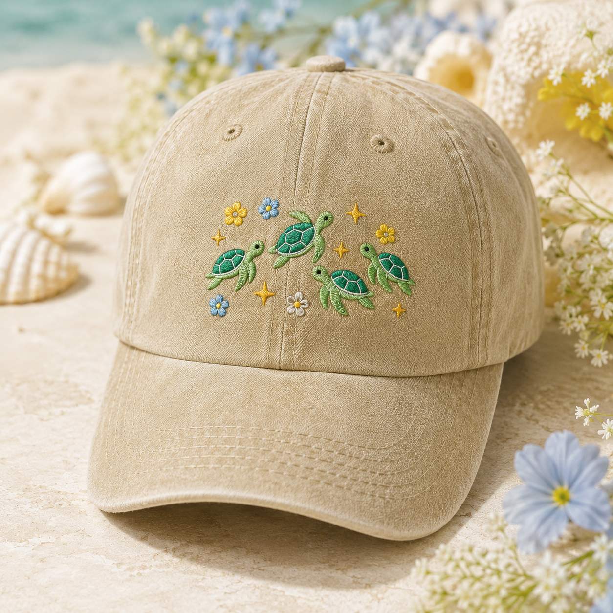 Sea Turtle Embroidered Washed Cap, Coastal Floral Dad Hat - Washed Cap - detail view