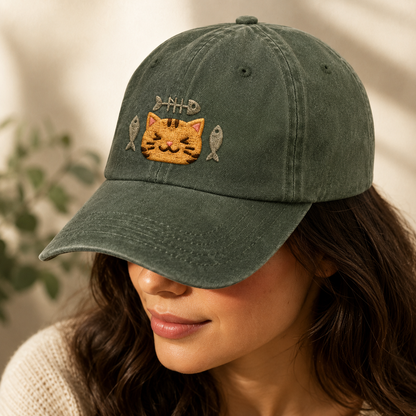 Cat and Fish Embroidered Washed Cap, Kawaii Kitten Hat Gift for Cat Lovers - Washed Cap - lifestyle view 4
