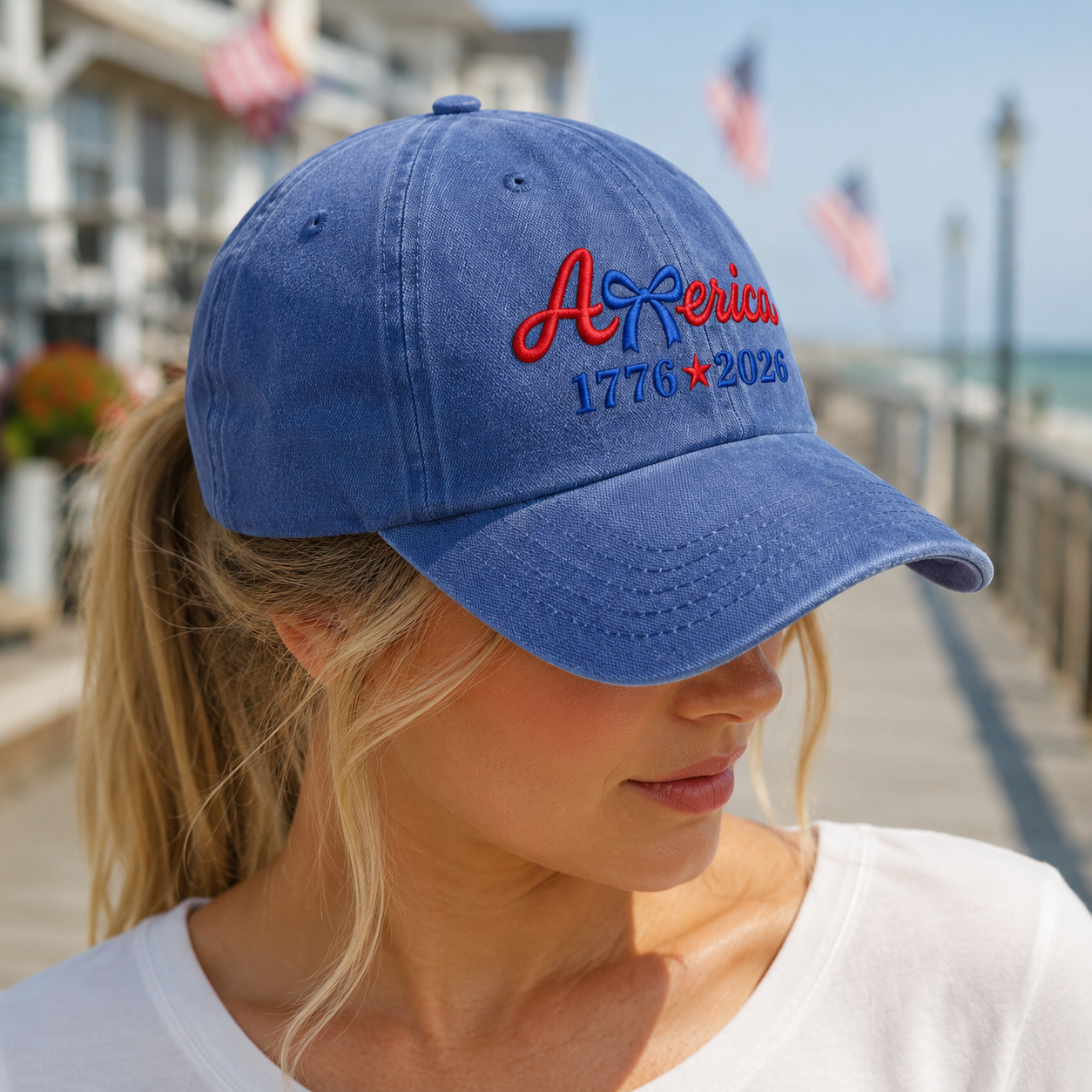 America 1776 2026 Bow Washed Cap, Patriotic Embroidered Hat for USA Birthday - washed cap - detail view