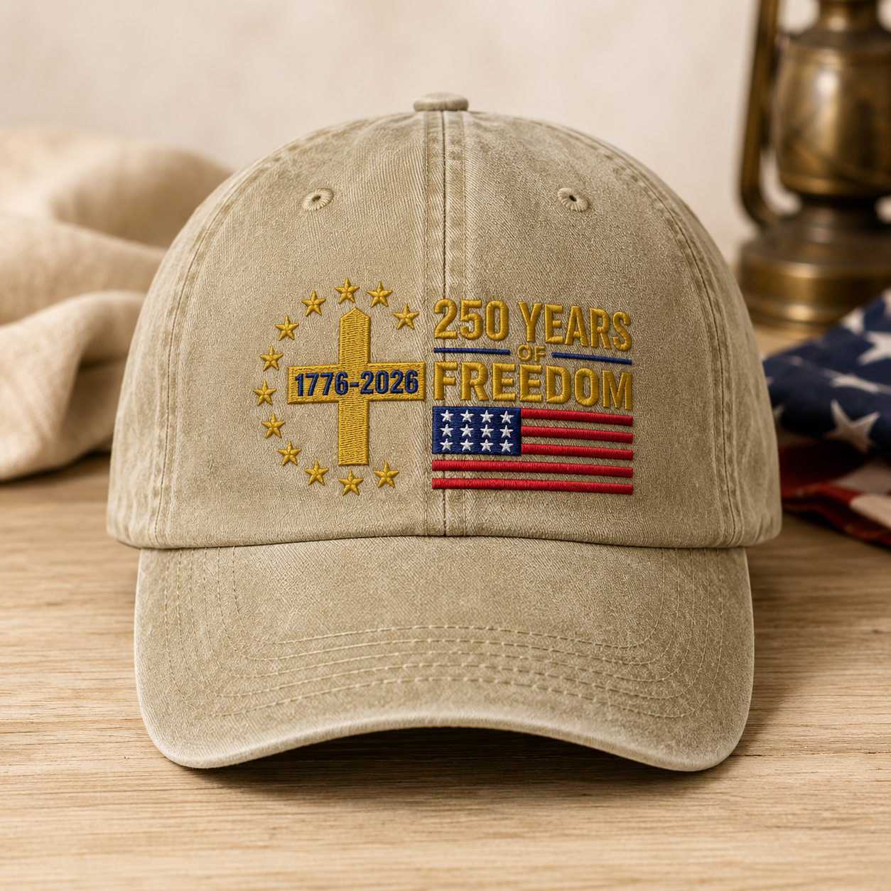 250 Years of Freedom Washed Cap, 1776-2026 USA Anniversary Hat - washed cap - front view
