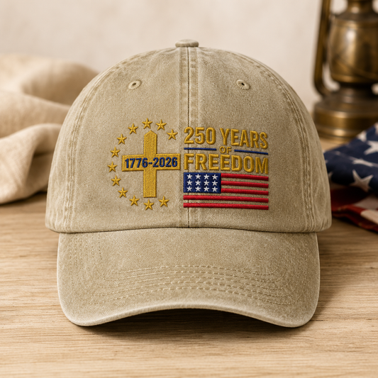 250 Years of Freedom Washed Cap, 1776-2026 USA Anniversary Hat - washed cap - front view