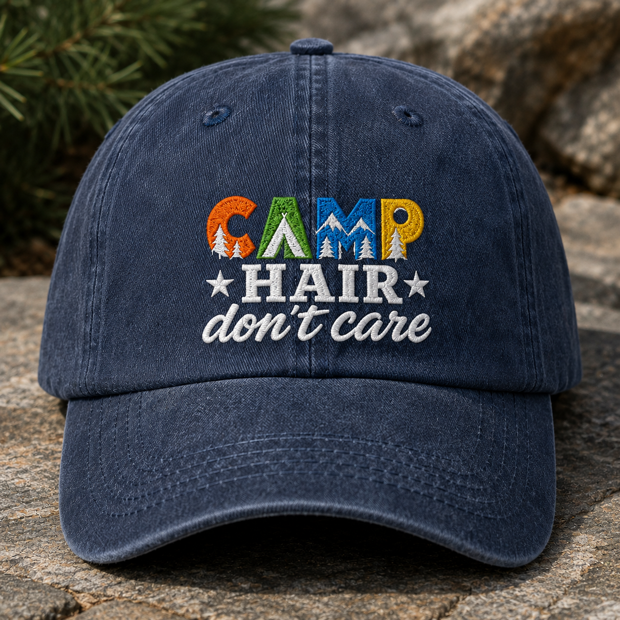 Camp Hair Don't Care Washed Cap, Funny Camping Hat for Outdoor Campers - Washed Cap - detail view
