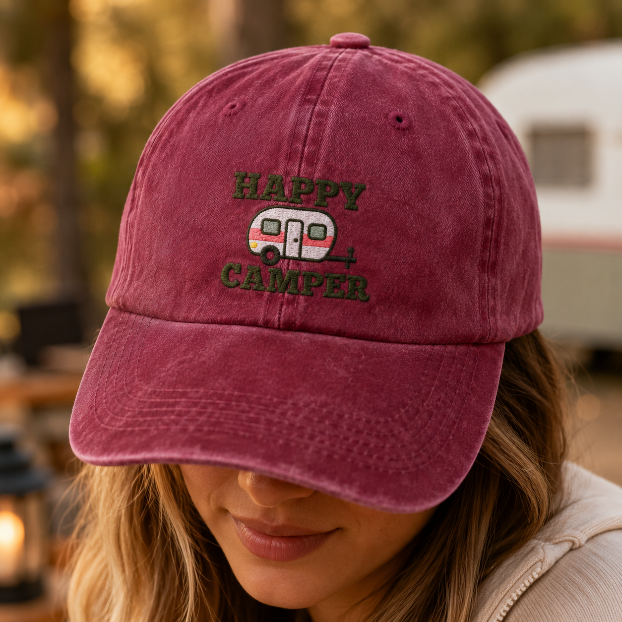 Happy Camper Washed Cap, Embroidered Rv Trailer Hat for Outdoor Road Trips - Washed Cap - lifestyle view 3