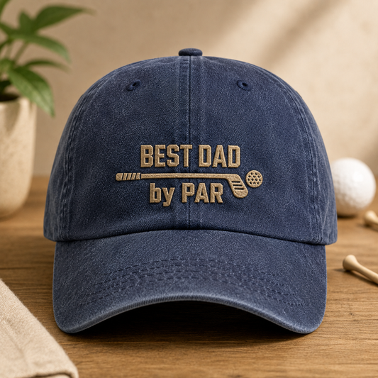 Best Dad by Par Embroidered Washed Cap, Golf Father Hat - Washed Cap - front view