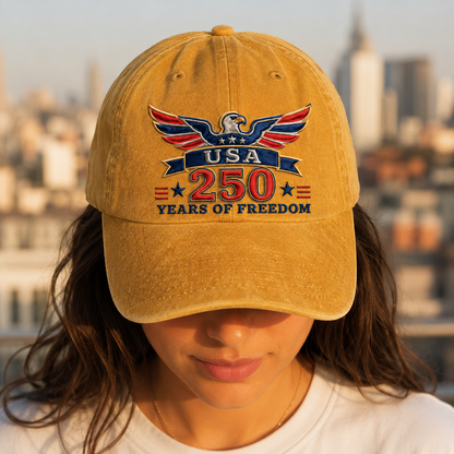 USA 250 Years of Freedom Washed Cap, Patriotic Eagle Hat for America 250th Anniversary - washed cap - lifestyle view 9