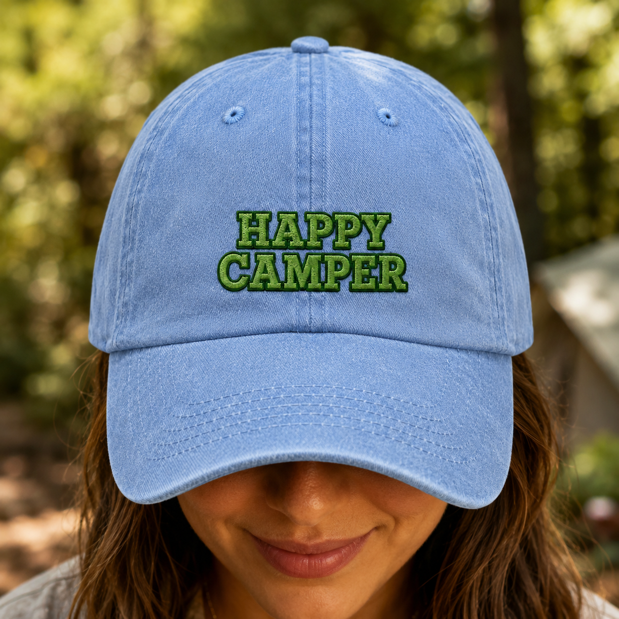 Happy Camper Washed Cap, Green Embroidered Camping Hat for Outdoor Lovers - Washed Cap - lifestyle view 9