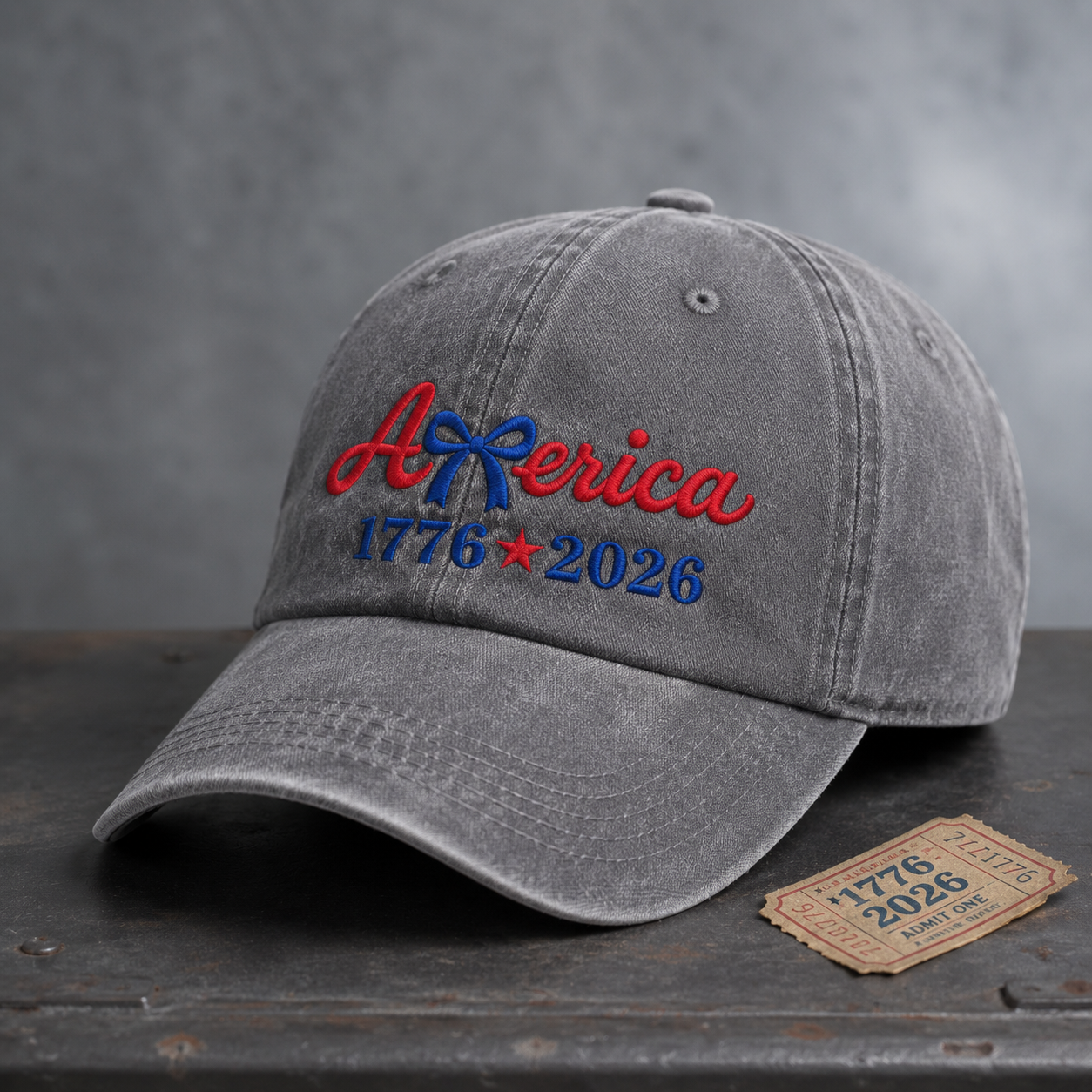 America 1776 2026 Bow Washed Cap, Patriotic Embroidered Hat for USA Birthday - washed cap - lifestyle view 3