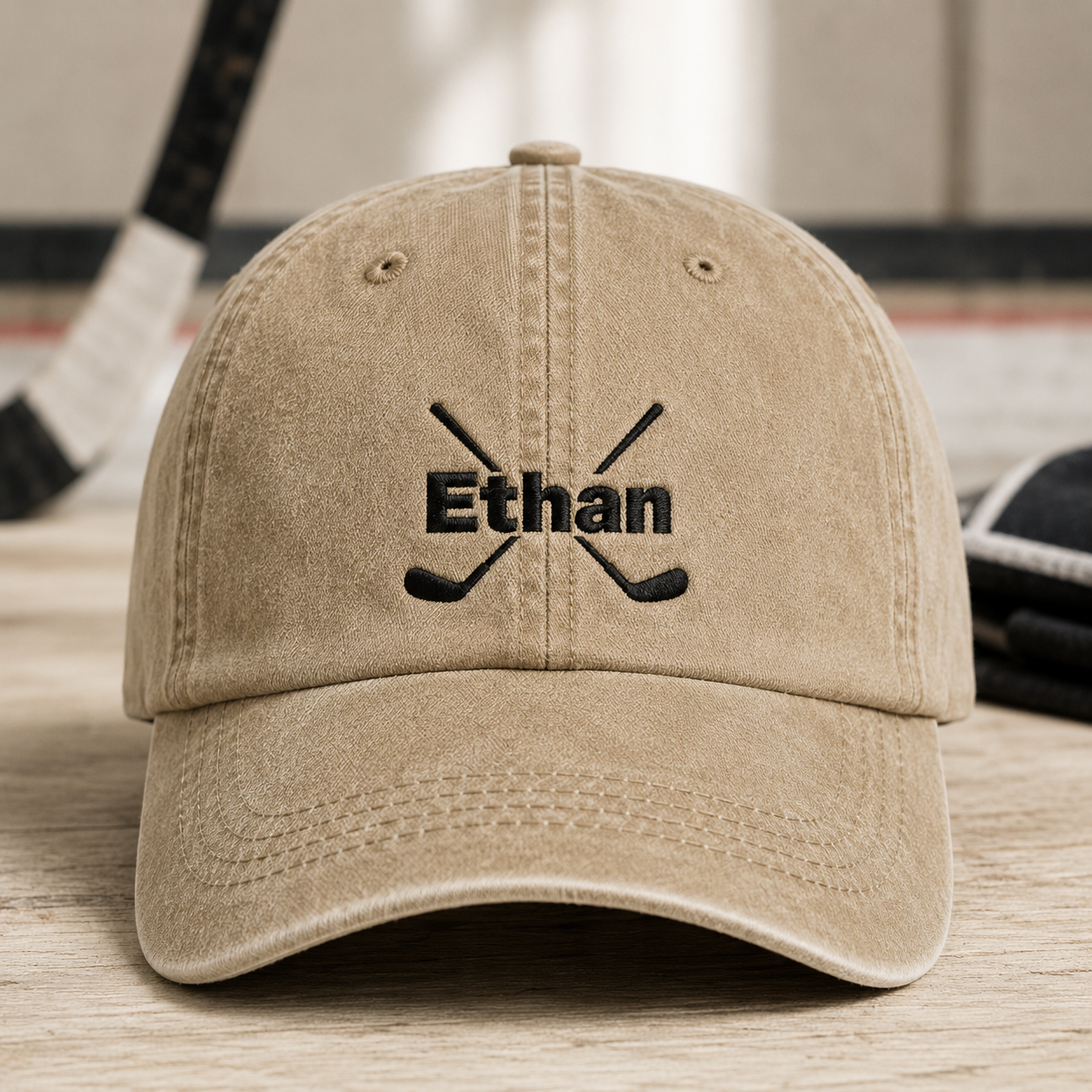 Ethan Crossed Hockey Washed Cap, Embroidered Name Dad Hat for Ice Rink Fans - Washed Cap - front view
