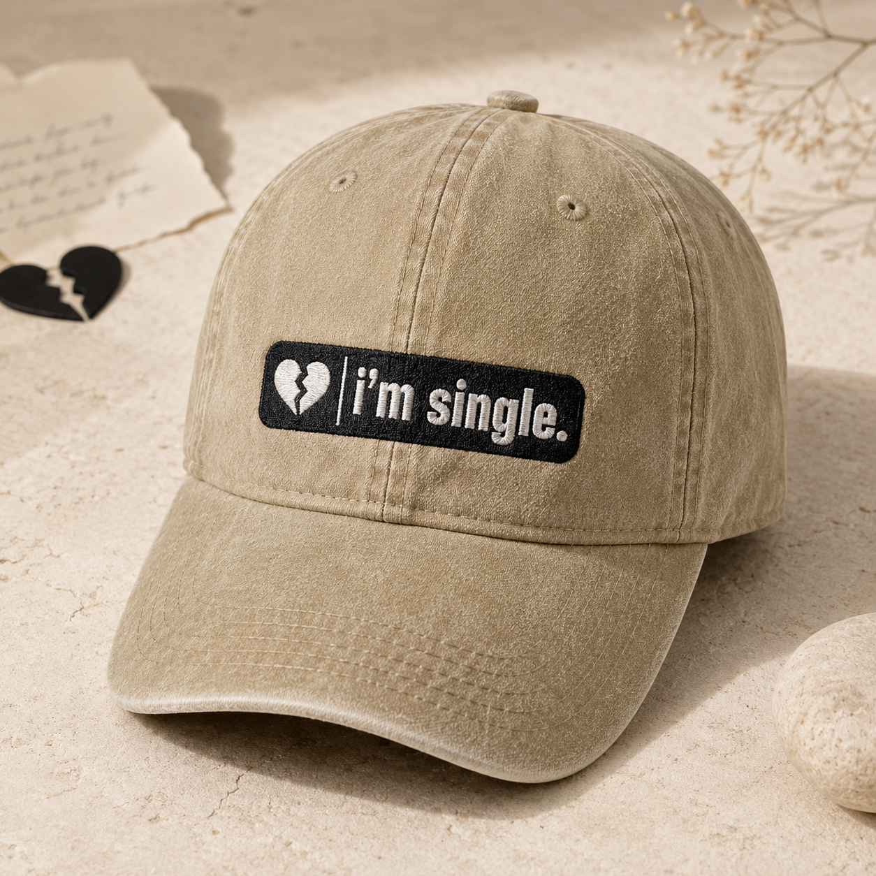 I'm Single Washed Cap, Broken Heart Patch Hat for Singles - Washed Cap - detail view
