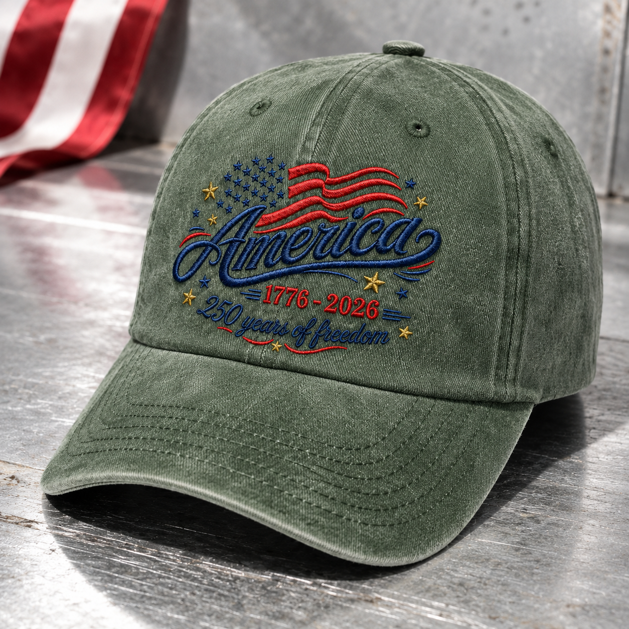 America 1776-2026 250 Years of Freedom Washed Cap, Patriotic USA Anniversary Hat - washed cap - lifestyle view 4