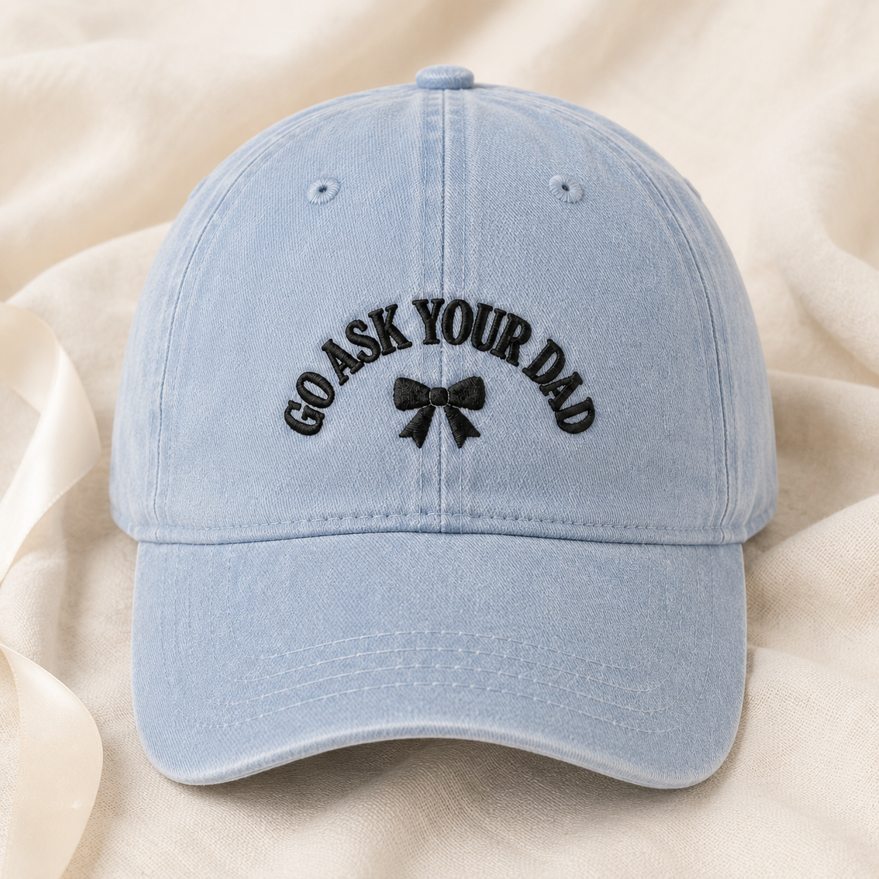 Go Ask Your Dad Washed Cap, Funny Dad Hat with Black Bow Embroidery - Washed Cap - lifestyle view 2