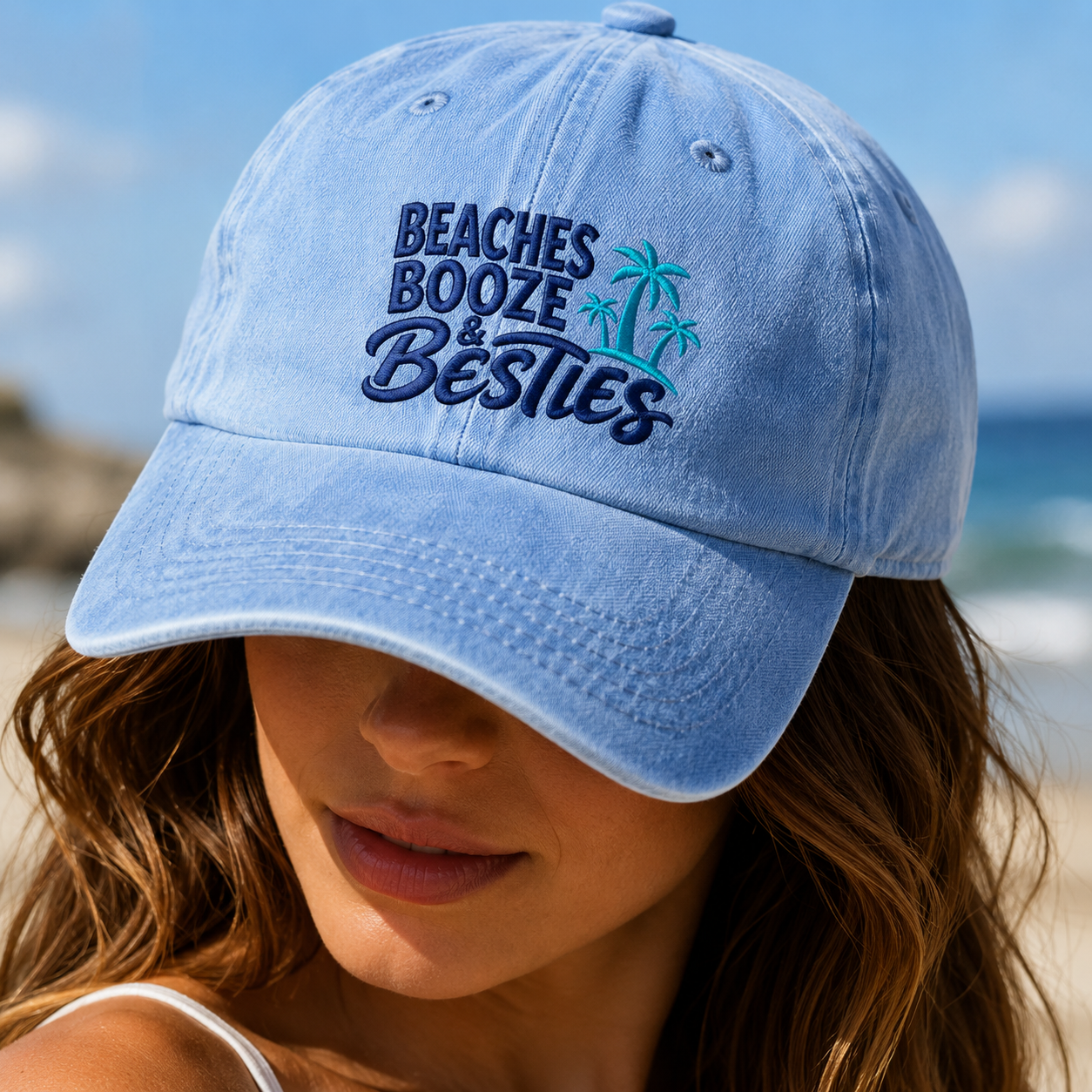 Beaches Booze & Besties Washed Cap, Tropical Palm Tree Vacation Hat - Washed Cap - lifestyle view 3