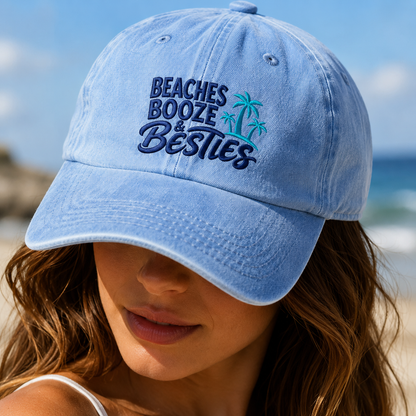 Beaches Booze & Besties Washed Cap, Tropical Palm Tree Vacation Hat - Washed Cap - lifestyle view 3
