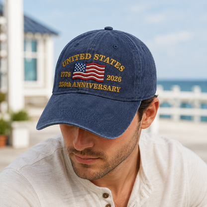United States 250th Anniversary Washed Cap, 1776 2026 Embroidered Flag Hat - washed cap - lifestyle view 6