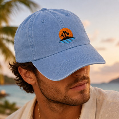 Tropical Sunset Washed Cap, Palm Tree Island Beach Vacation Hat - Washed Cap - lifestyle view 4