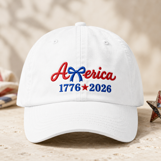 America 1776 2026 Bow Washed Cap, Patriotic Embroidered Hat for USA Birthday - washed cap - front view