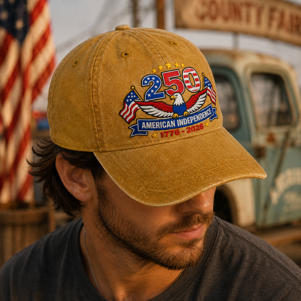 250 American Independence Washed Cap, 1776-2026 Patriotic Eagle Hat - washed cap - lifestyle view 9