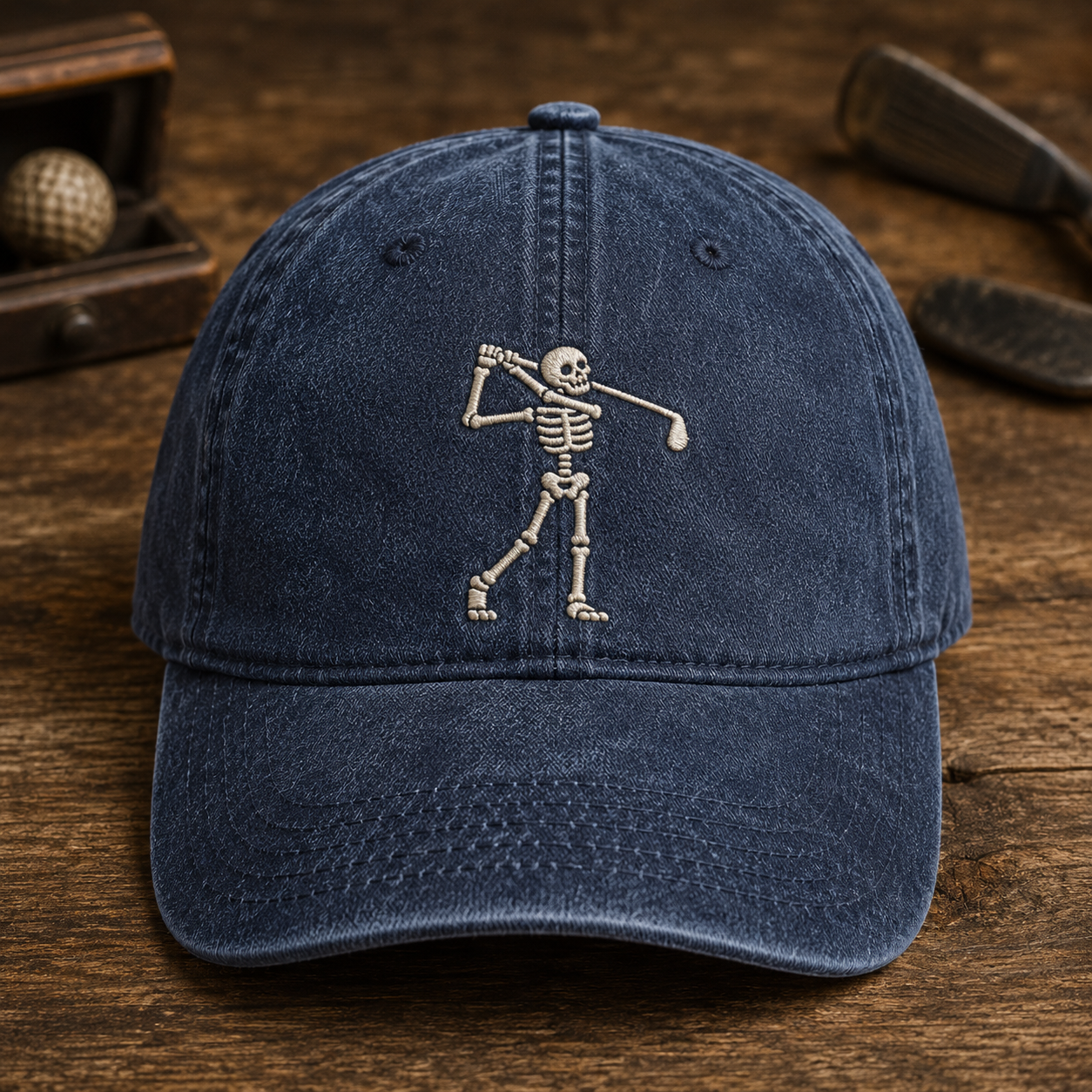 Skeleton Golfer Washed Cap, Spooky Golf Dad Hat - Washed Cap - detail view