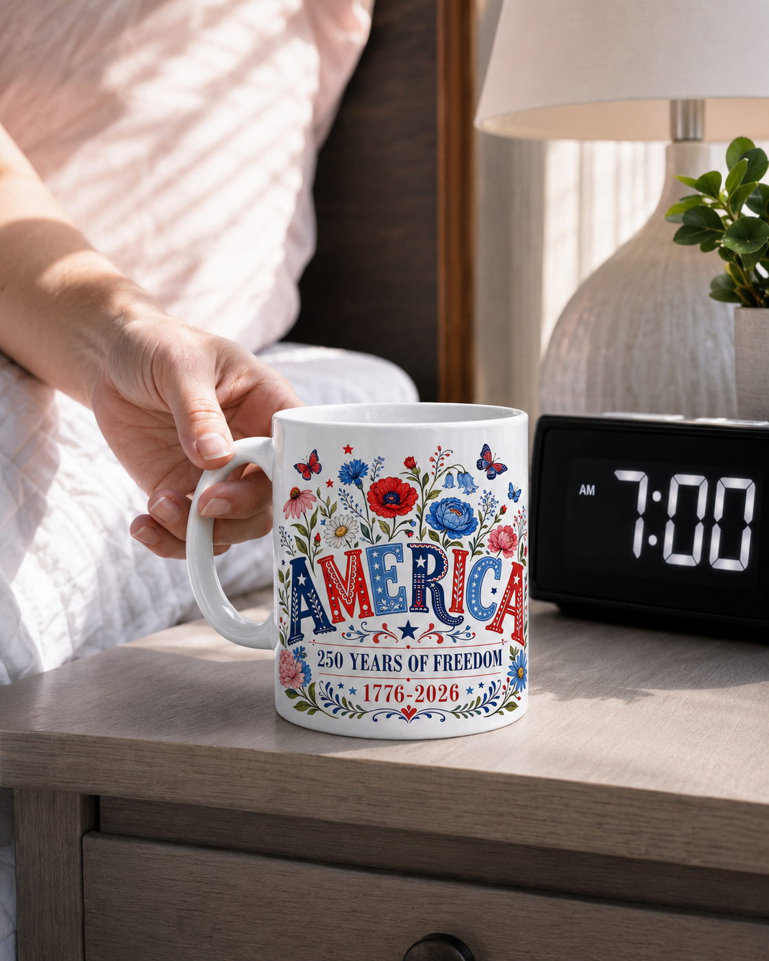 America 250 Years of Freedom Coffee Mug, 1776-2026 Patriotic Floral Gift - Mug - lifestyle view 7