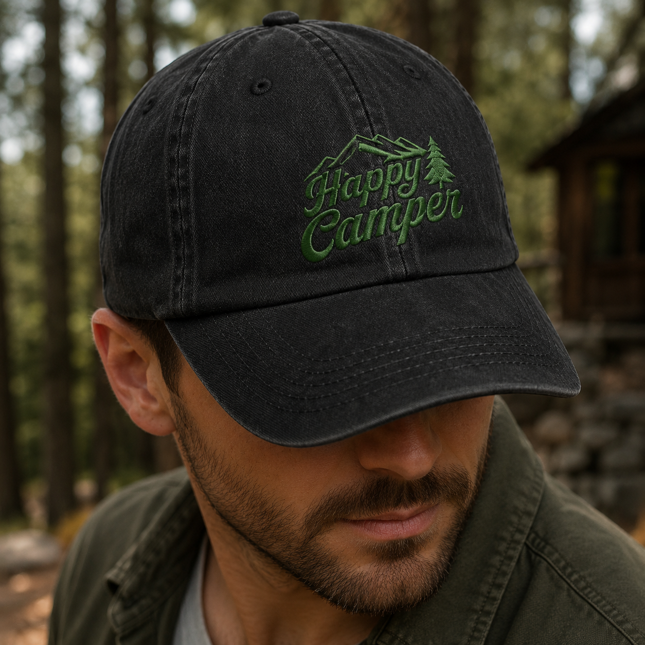 Happy Camper Washed Cap, Green Mountain Pine Embroidery Camping Hat - Washed Cap - lifestyle view 3