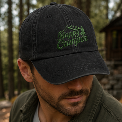 Happy Camper Washed Cap, Green Mountain Pine Embroidery Camping Hat - Washed Cap - lifestyle view 3