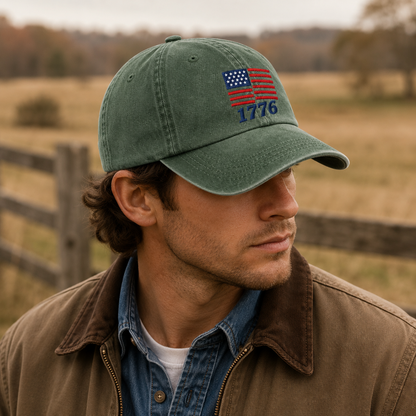 American Flag 1776 Washed Cap, Patriotic Embroidered Dad Hat - washed cap - lifestyle view 8