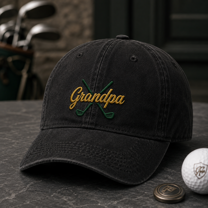 Grandpa Golf Embroidered Washed Cap, Crossed Clubs Hat for Grandfather Gift - Washed Cap - detail view