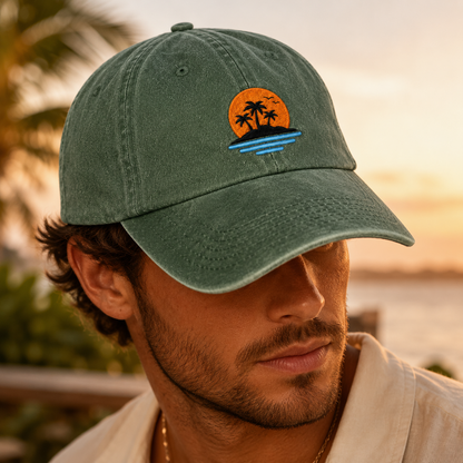 Tropical Sunset Washed Cap, Palm Tree Island Beach Vacation Hat - Washed Cap - lifestyle view 3