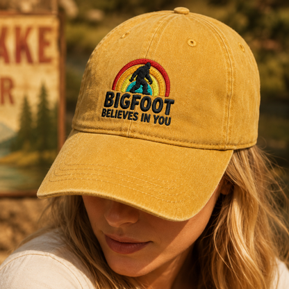 Bigfoot Believes in You Washed Cap, Rainbow Sasquatch Embroidered Dad Hat - Washed Cap - lifestyle view 3
